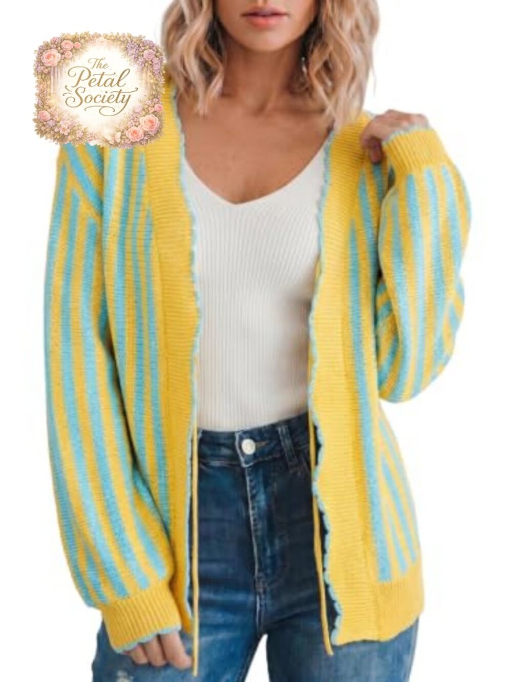 Striped Cardigan Sweater Acrylic Cotton Tie Front Scallop Trim Long Sleeve